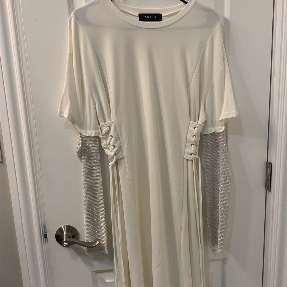 White Akira Dress with Rhinestone Sleeves